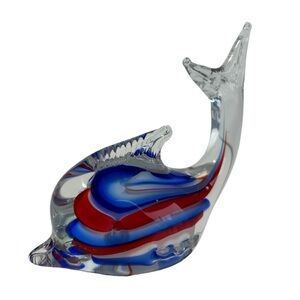 Hand Blown Art Glass Dolphin Figurine/Paperweight Blue/Red Swirl